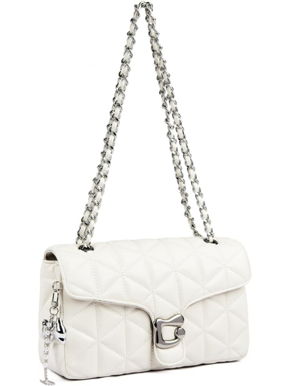 Women's White Quilted Crossbody Bag Vegan Leather Chain Shoulder Purse